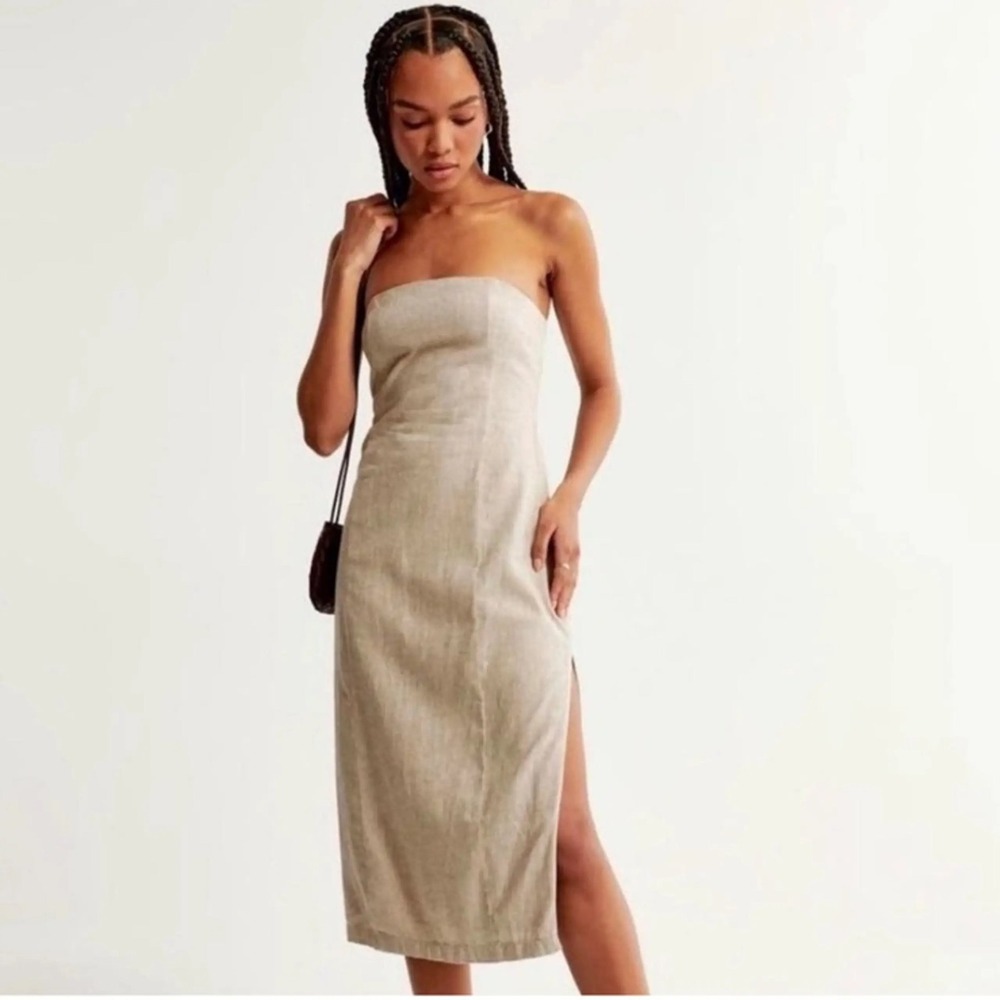Abercrombie & Fitch Women Linen Dress XL Brown‎ Strapless Midi Slit Western Boho - Picture 4 of 10